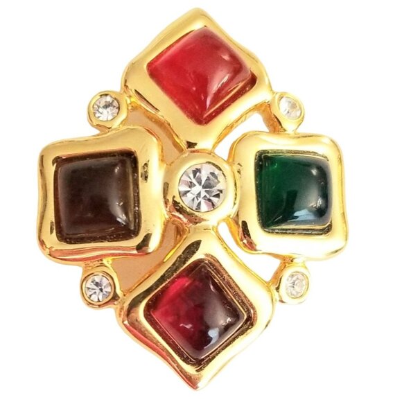 Gold Tone Multi Color Lucite Cab, Clear Rhinestone Cross Brooch Enhancer M25
